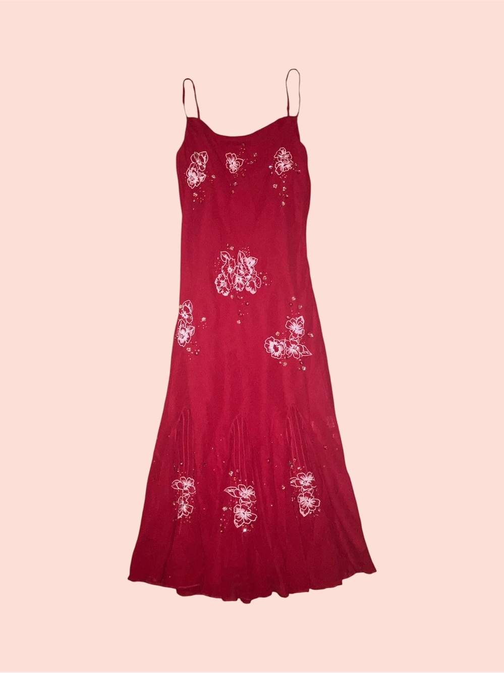 Vintage Red Floral Beaded Silk Bias Cut Dress